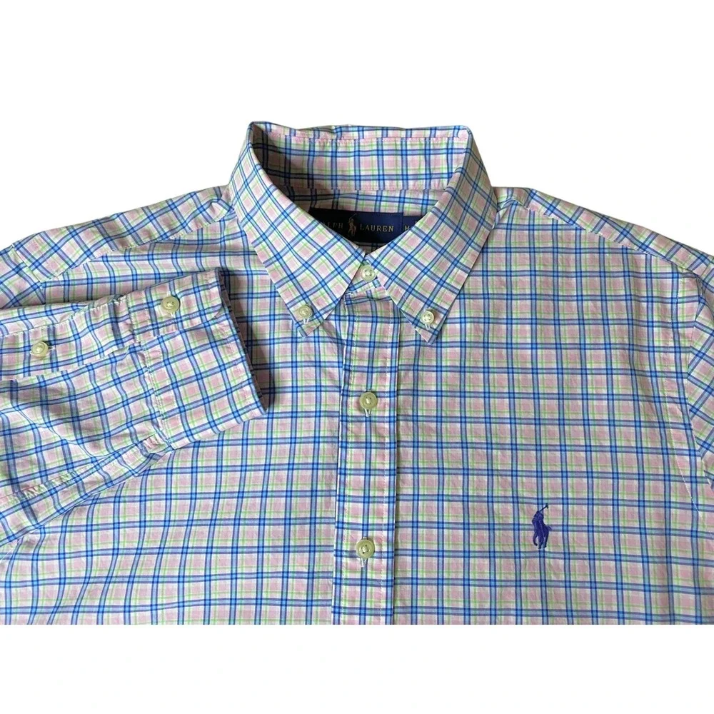 Polo Ralph Lauren Men's Medium Blue Plaid Classic Fit Button Down Shirt Stretch